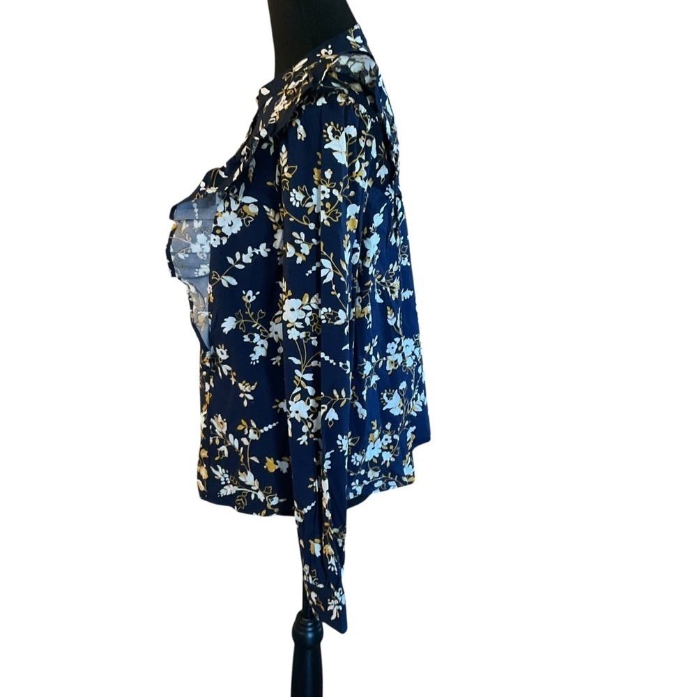 J. Crew Navy Floral Ruffle Blouse Long Sleeve Size L - Picture 4 of 10